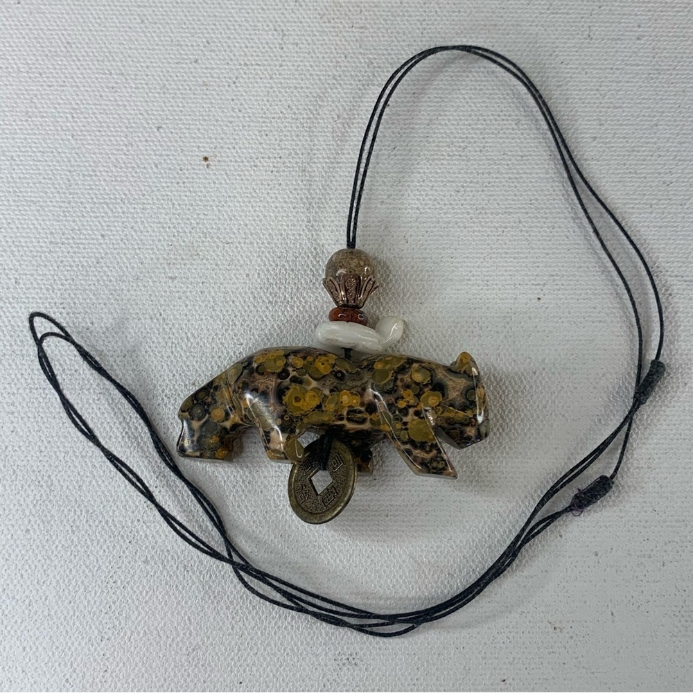 Leopard Skin Jasper Carved Leopard Pendant Necklace Chinese Feng Shui Coin 28" - Picture 6 of 16